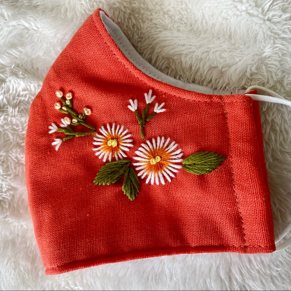 Pure Linen face mask - hand embroidered- Orange